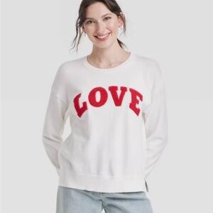 White Love Sweater Pink Graphic Crewneck NEW XS Red Valentines Day Crew Preppy